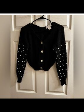 Jessica Simpson Black Pearl-Accented Button Cardigan